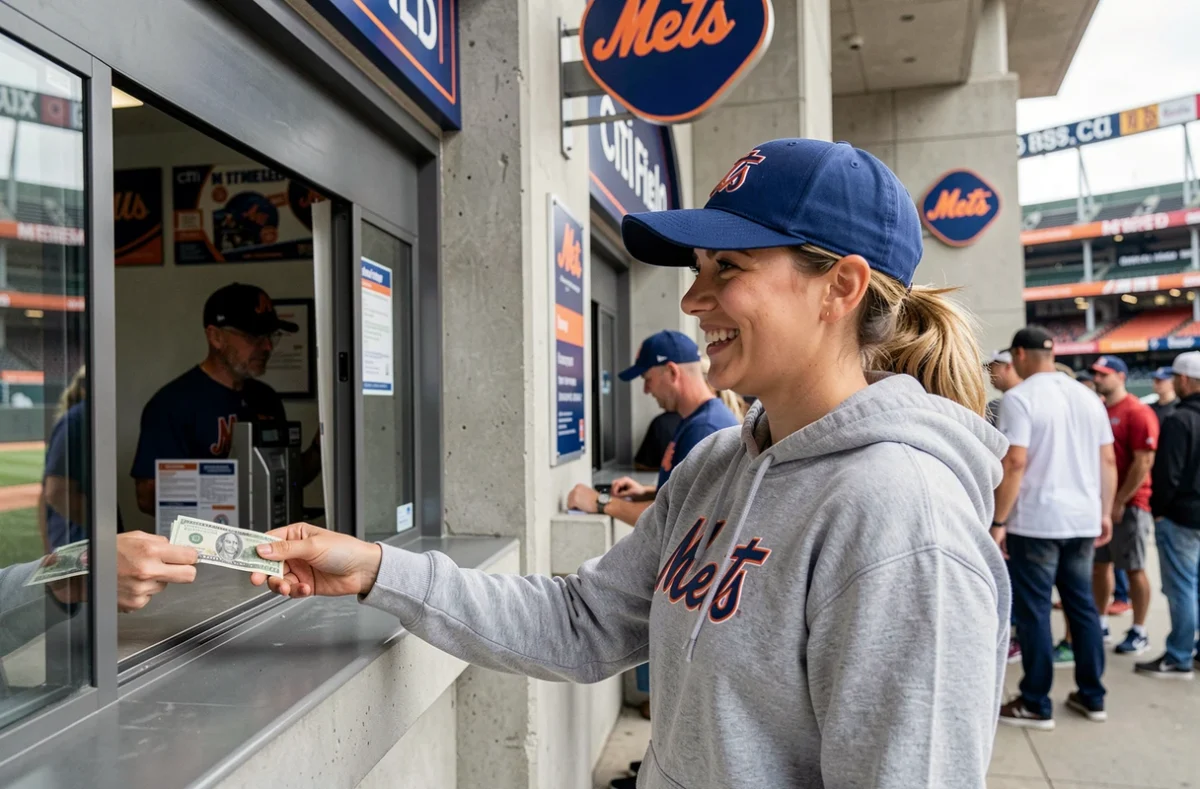 Supportrice des Mets achetant ses billets au guichet officiel de Citi Field à New York