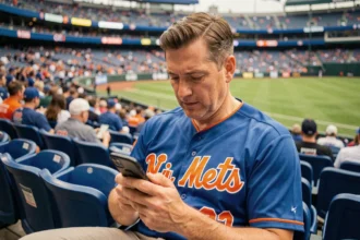 Fan des Mets de New York consultant une application d'achat de billets sur son téléphone dans les gradins de Citi Field