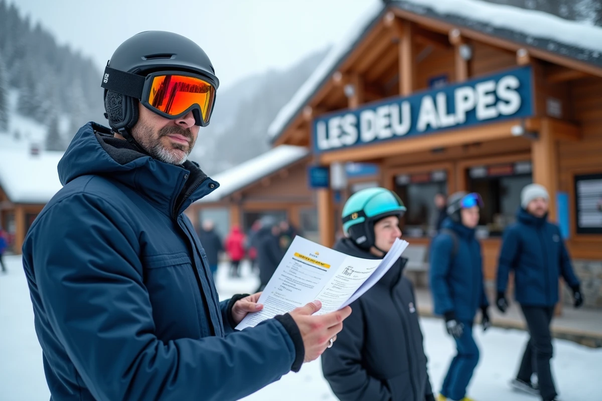 Skieur consultant un forfait aux Deux Alpes devant un guichet de vente de forfaits en montagne enneigée