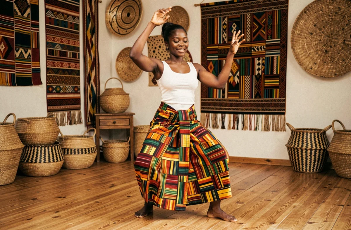 Danseuse en tenue africaine traditionnelle dans une salle de cours d'Afrokan à Tourcoing