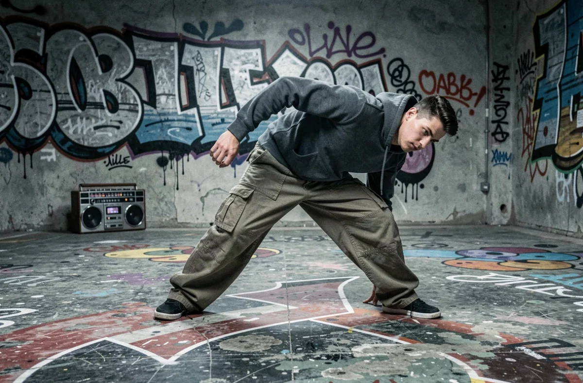 Danseur hip-hop en plein freeze sur le sol béton d'une salle d'Alipha, école de danse urbaine à Lille