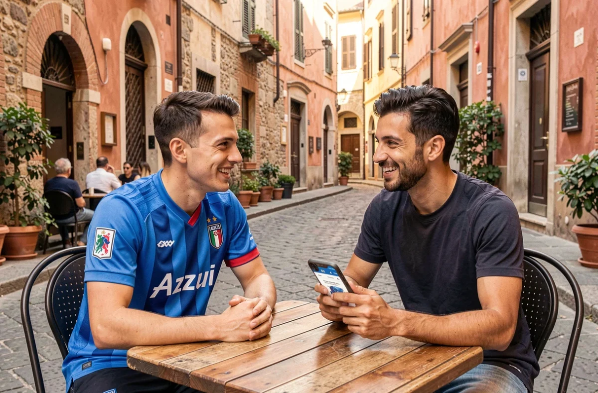 Deux amis discutent de l'achat d'un maillot officiel de l'équipe italienne de football à une terrasse de café dans une rue italienne pavée