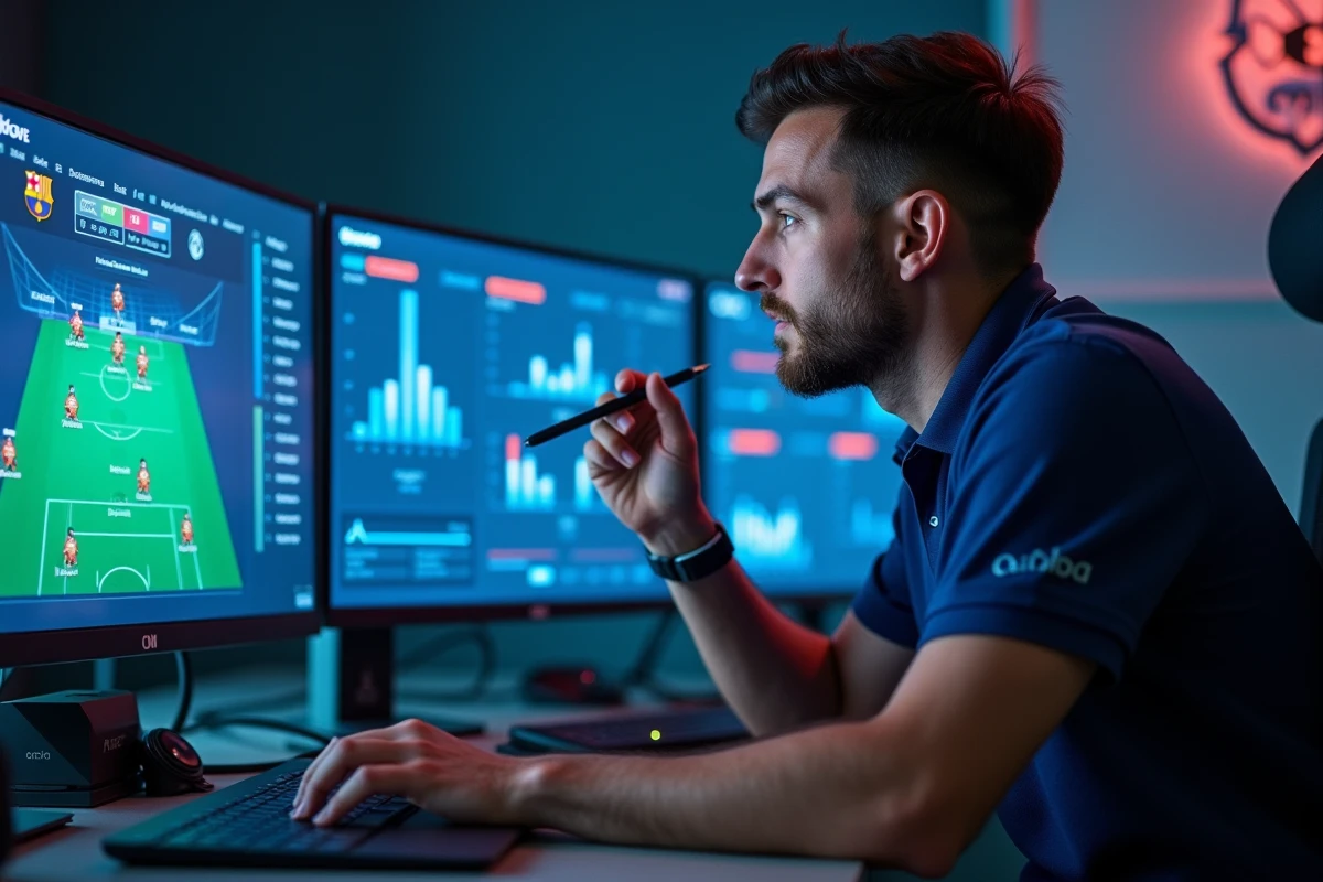 Analyste de données sportives du FC Barcelone examinant des statistiques de performance des joueurs sur des écrans dans une salle d'analyse moderne en 2026