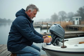 Homme appliquant antigel sur un moteur de bateau en marina