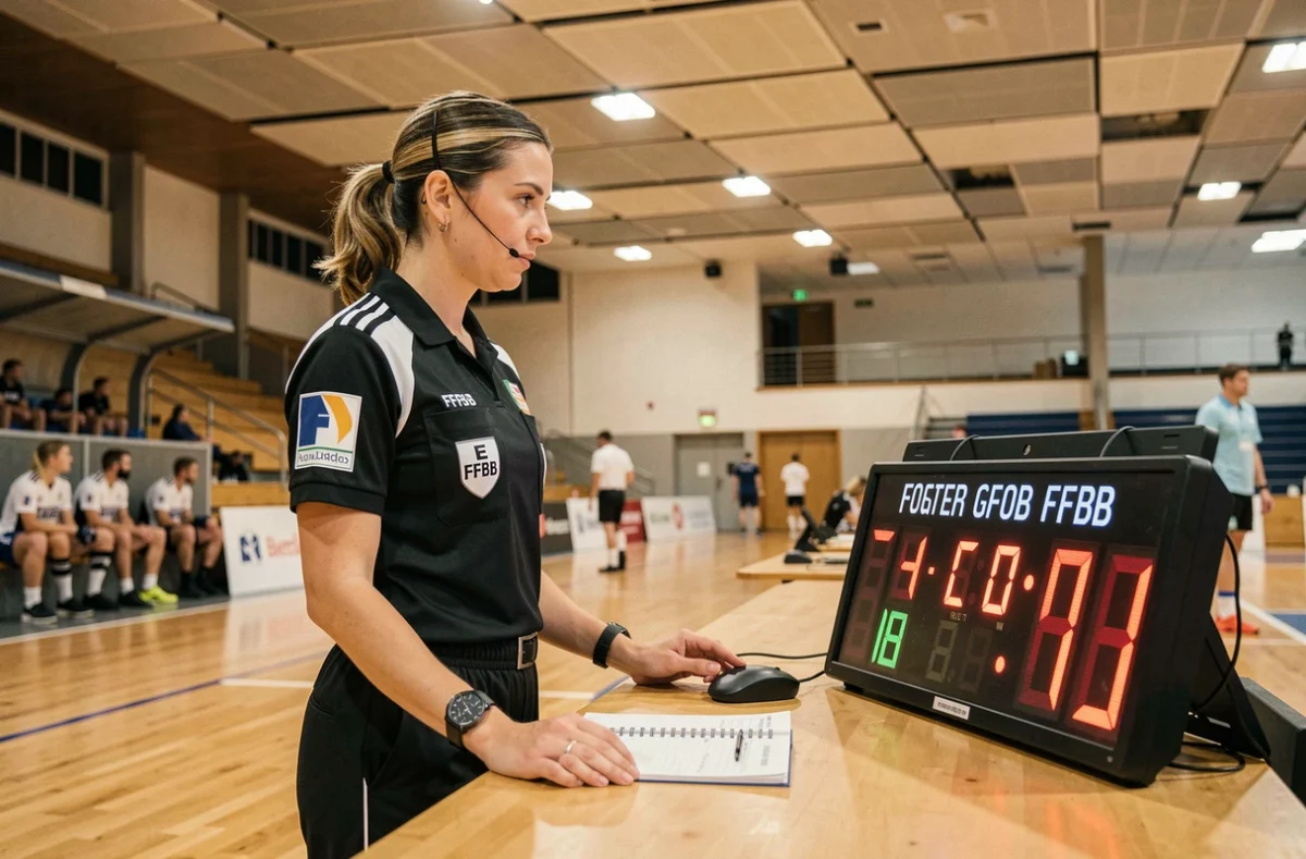 Arbitre FFBB consultant le chronomètre officiel et le tableau de score pendant un match de basket en France