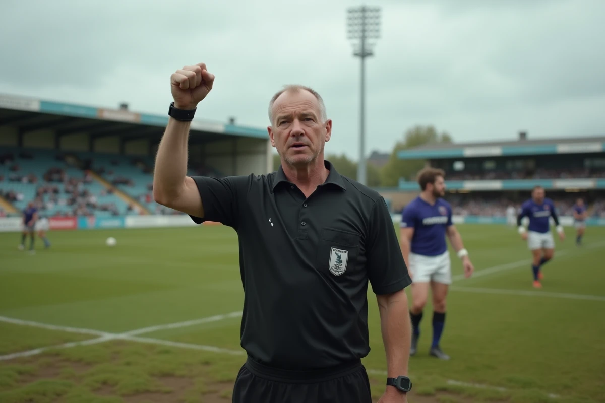 Arbitre de rugby sifflant un penalty lors d'un match de Fédérale 2, joueurs en arrière-plan dans un stade régional