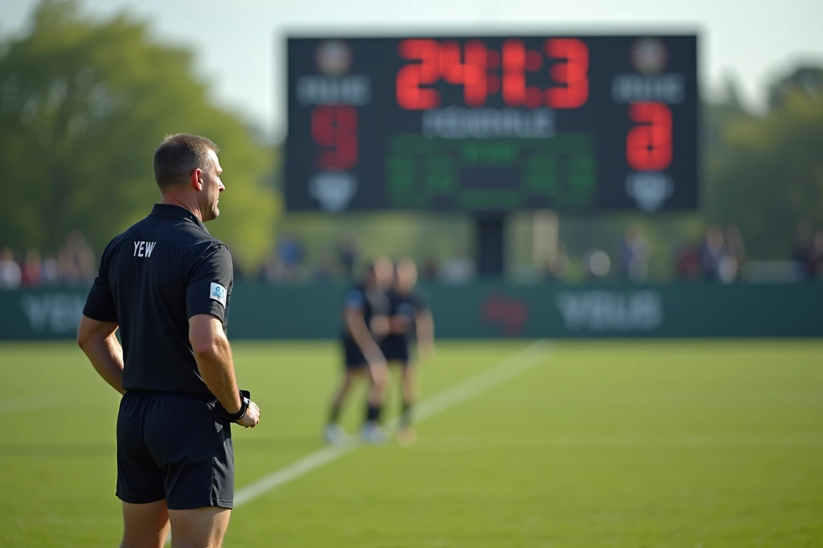 Arbitre de rugby avec tableau de score en extérieur