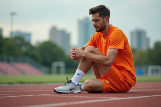Jeune homme sportif assis sur une piste urbaine blessé