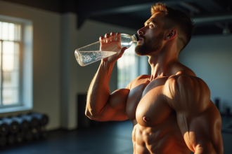Athlète buvant de leau dans une salle de sport moderne