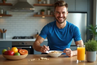 Jeune athlète mangeant un bol de flocons avec fruits frais