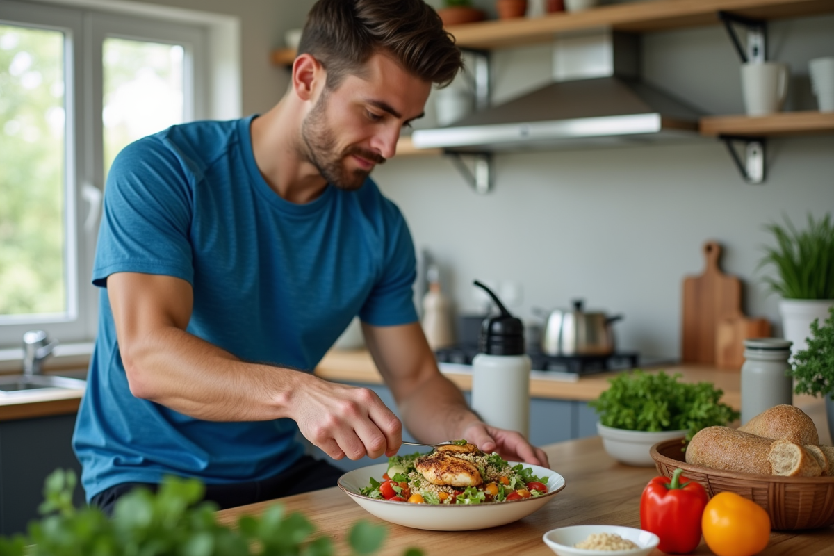 Jeune athlète préparant une salade colorée dans la cuisine