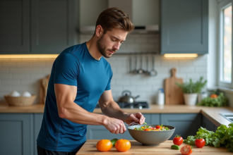 Jeune athlète préparant une salade colorée dans une cuisine moderne