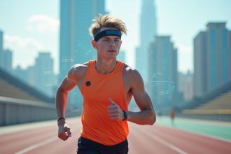 Jeune athlète portant des appareils connectés sur piste moderne