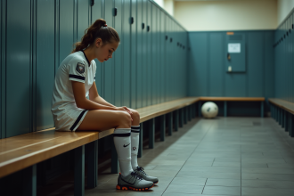 Jeune sportive assise dans un vestiaire en réflexion