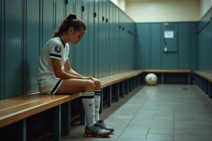Jeune sportive assise dans un vestiaire en réflexion