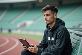 Jeune athlète regardant une tablette en extérieur
