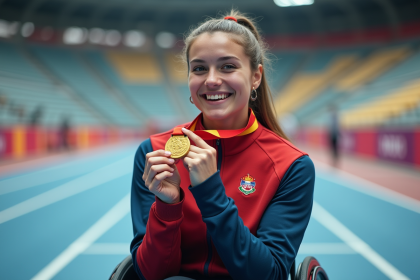 Jeune femme en fauteuil roulant avec médaille d'or paralympique