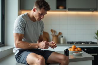 Jeune athlète examine capsules d omega3 dans la cuisine