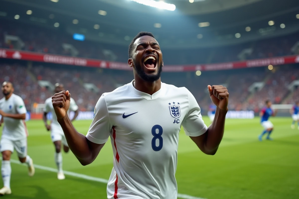 Attaquant de l'équipe de France célébrant un but dans un grand stade lors d'un match international