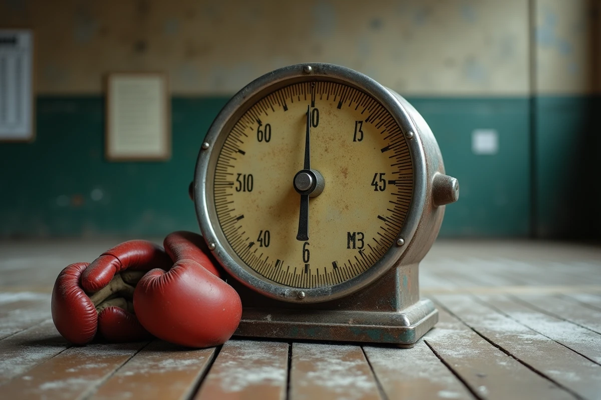 Gros plan sur une ancienne balance de pesée analogique dans une salle de boxe avec des catégories de poids inscrites sur le cadran
