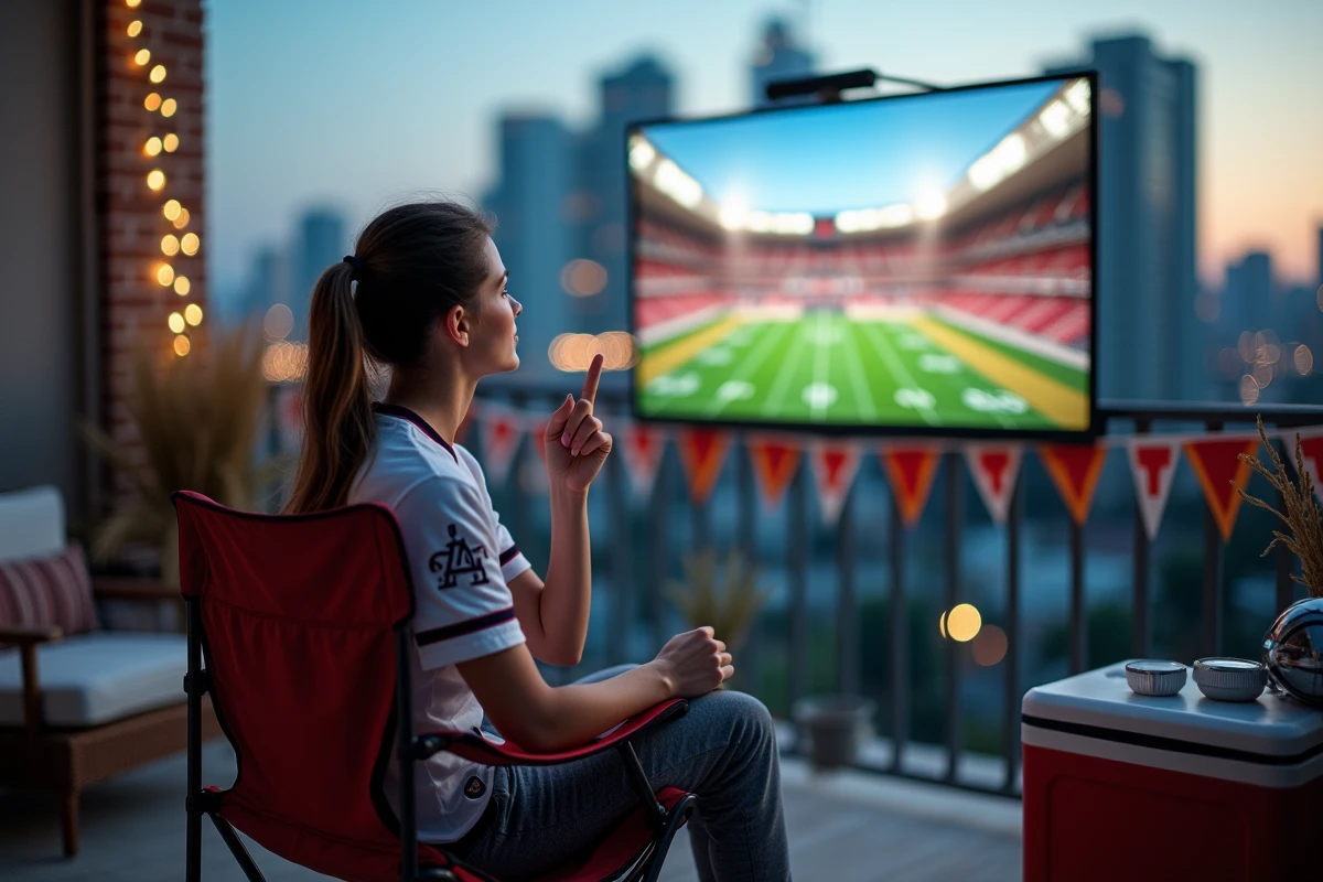 Femme en maillot de foot sur un balcon aménagé en mini-stade avec projecteur portable et guirlandes de fanions pour une soirée matchday