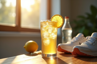 Verre de boisson electrolytes avec glace et citron sur une table en bois