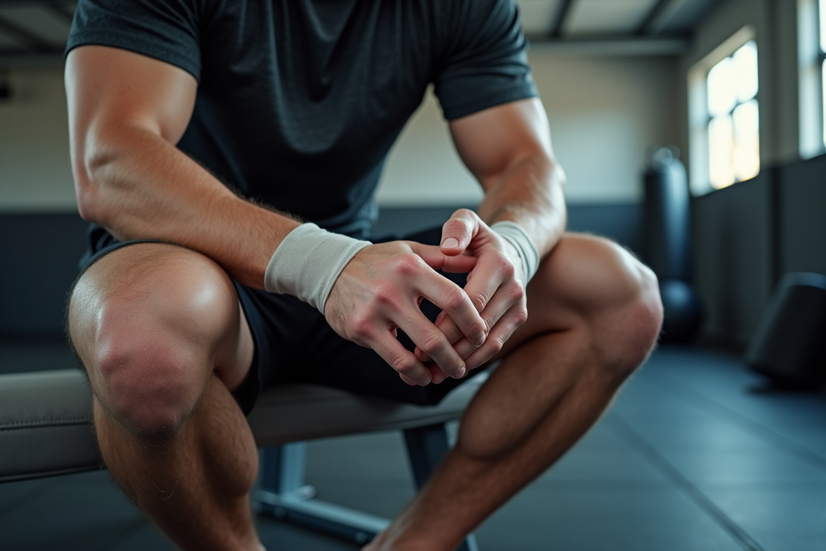 Boxeur mma assis sur un banc en salle lumineuse en train d'enrouler sa main blessée