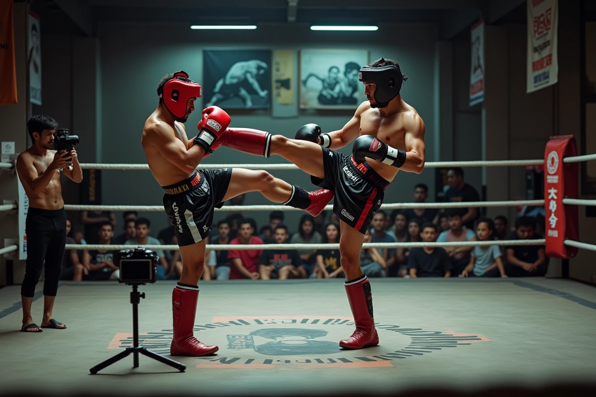 Athlète de boxe thaï filmé en plein entraînement sur ring pour une diffusion en direct sur les réseaux sociaux