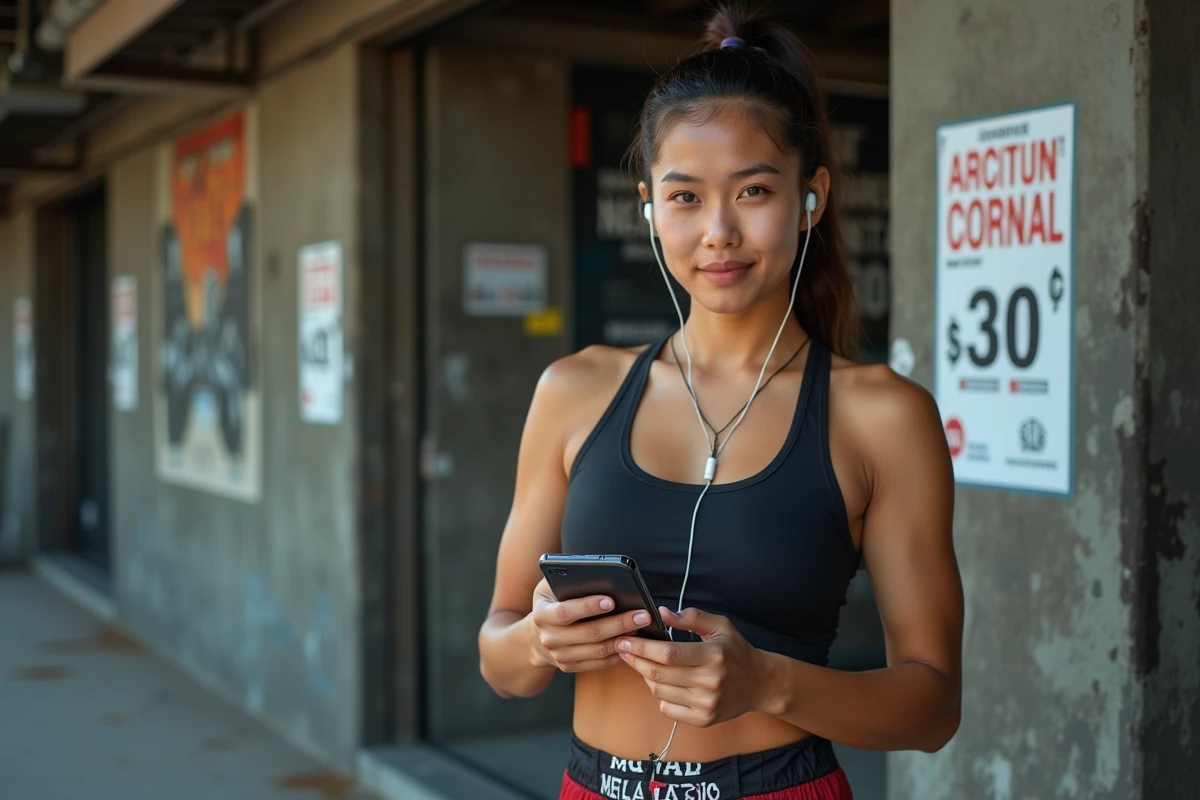 Combattante de Muay Thai tenant un smartphone avec des statistiques de réseaux sociaux devant un gymnase urbain de Bangkok