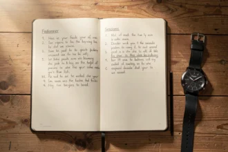 Carnet d'entraînement ouvert posé à côté d'une montre de sport