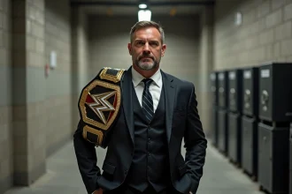 Catcheur professionnel en costume sombre avec une ceinture de championnat WWE, posant dans un couloir de coulisses d'arène