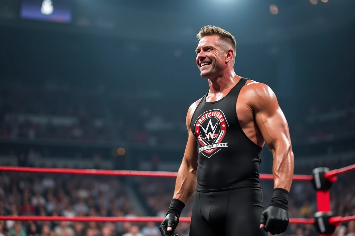 Catcheur WWE en tenue de combat au bord du ring dans une arène remplie de spectateurs