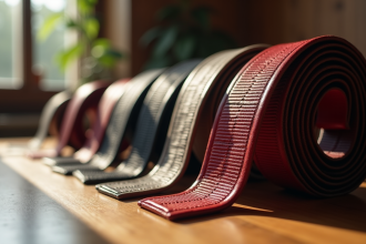 Plusieurs ceintures de Jiu Jitsu alignées sur un bois