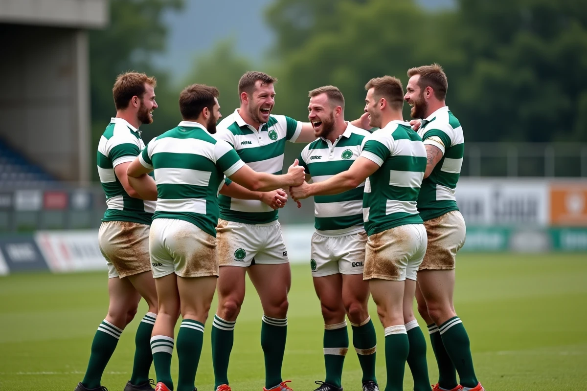 Joueurs de rugby en Fédérale 2 célébrant un essai ensemble près de la ligne de touche