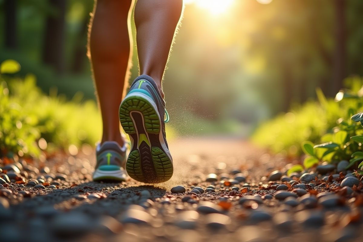 Gros plan de chaussures de course sur un sentier de gravier ensoleille