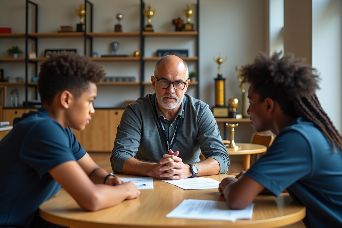 Entraineur et jeunes athletes discutant en salle