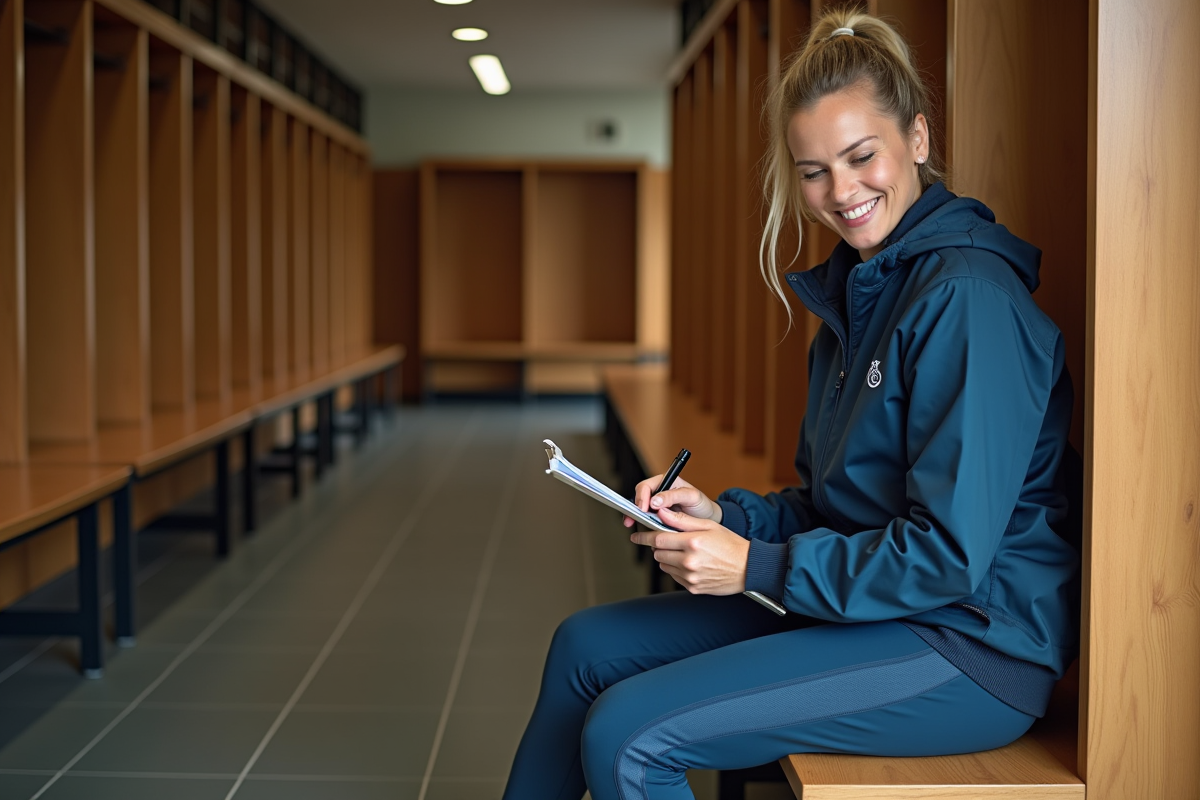Coach de football en vestiaire avec notes et sourire