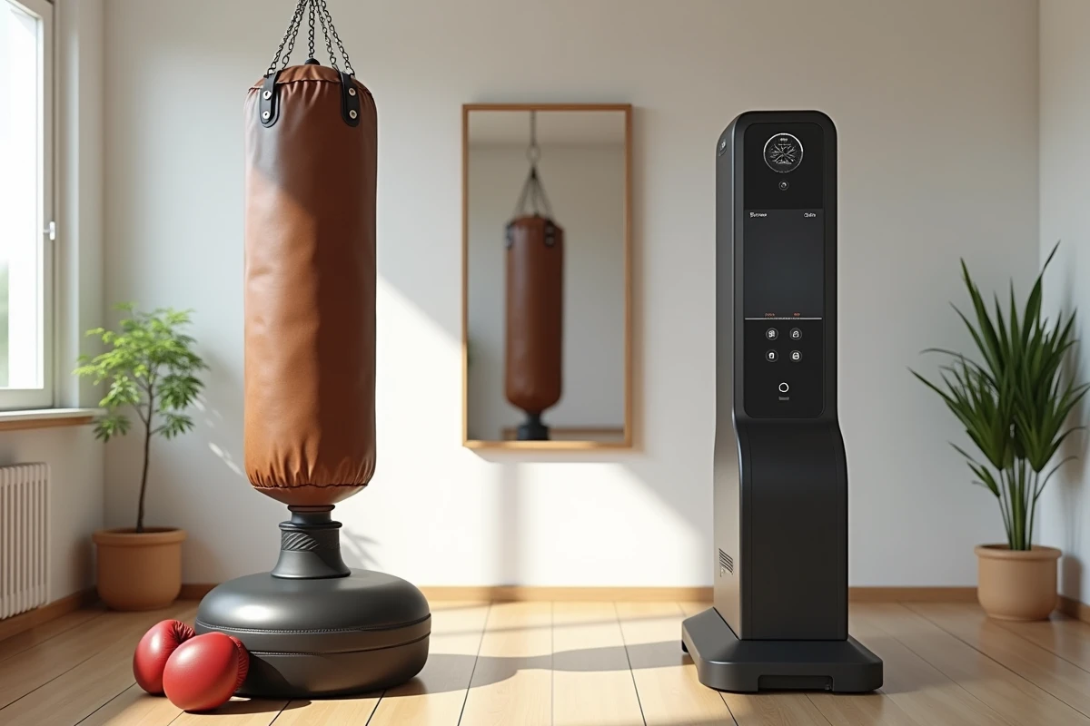 Comparaison entre un sac de frappe traditionnel en cuir et une machine de boxe musicale interactive dans une salle de sport à domicile
