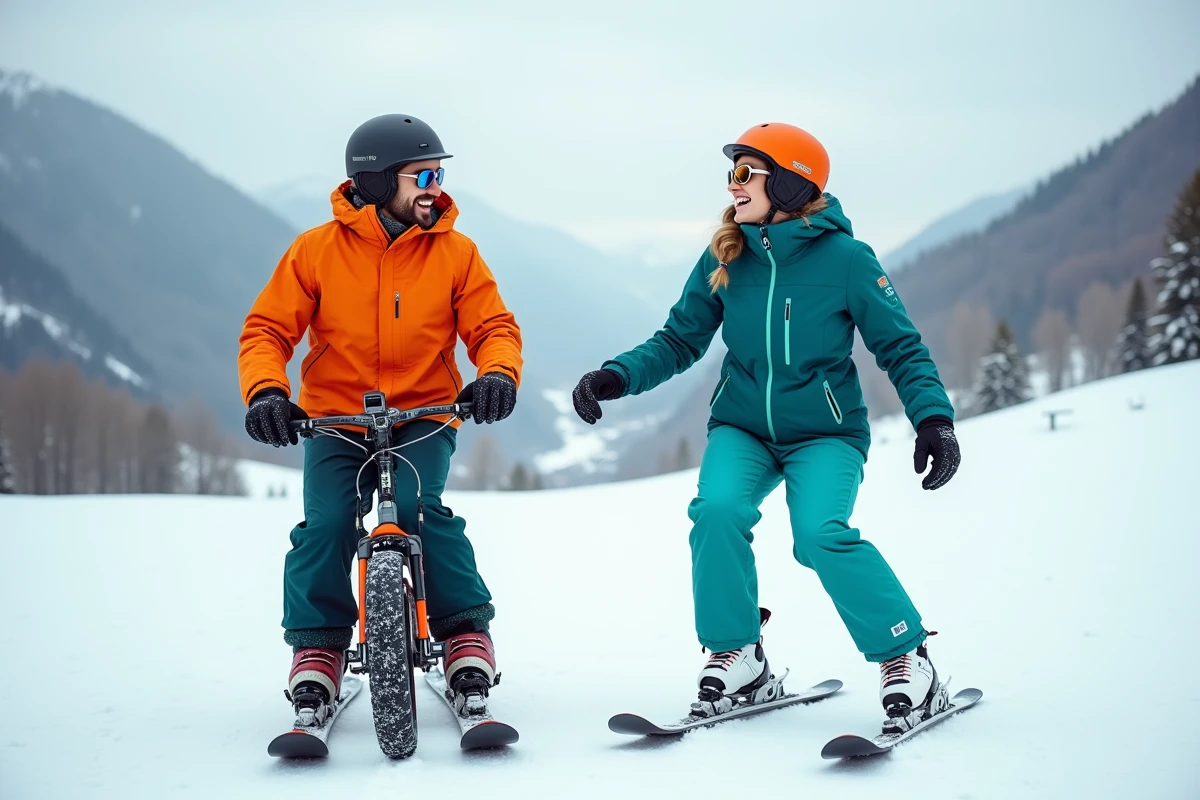 Deux adultes comparant une patinette ski et des mini skis sur un domaine skiable enneigé