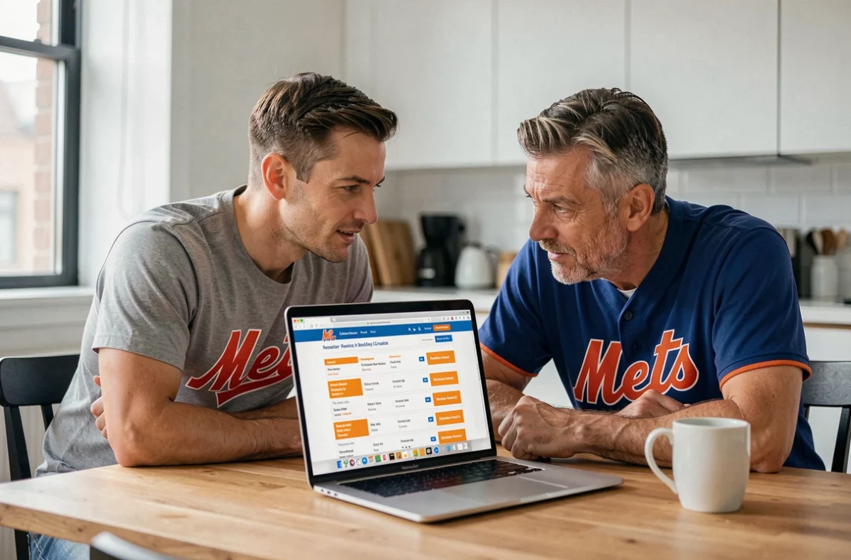 Couple de fans des Mets comparant les prix de billets sur un site de revente depuis leur domicile