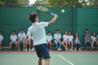 Adolescent en compétition scolaire de tennis effectuant un service sur un court extérieur