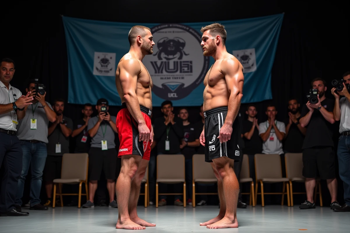 Deux boxeurs masculins de catégories de poids différentes se faisant face lors d'une cérémonie officielle de pesée avant un combat de boxe