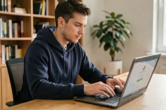 Jeune homme connecté à son compte Footclub sur un ordinateur portable dans un bureau à domicile