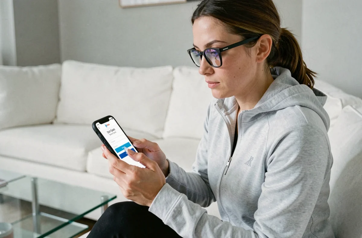 Femme consultant son téléphone pour se connecter à son espace Footclub depuis son salon