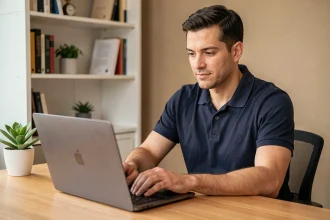 Un homme connecté à une plateforme de gestion de club sportif sur son ordinateur portable dans un bureau moderne
