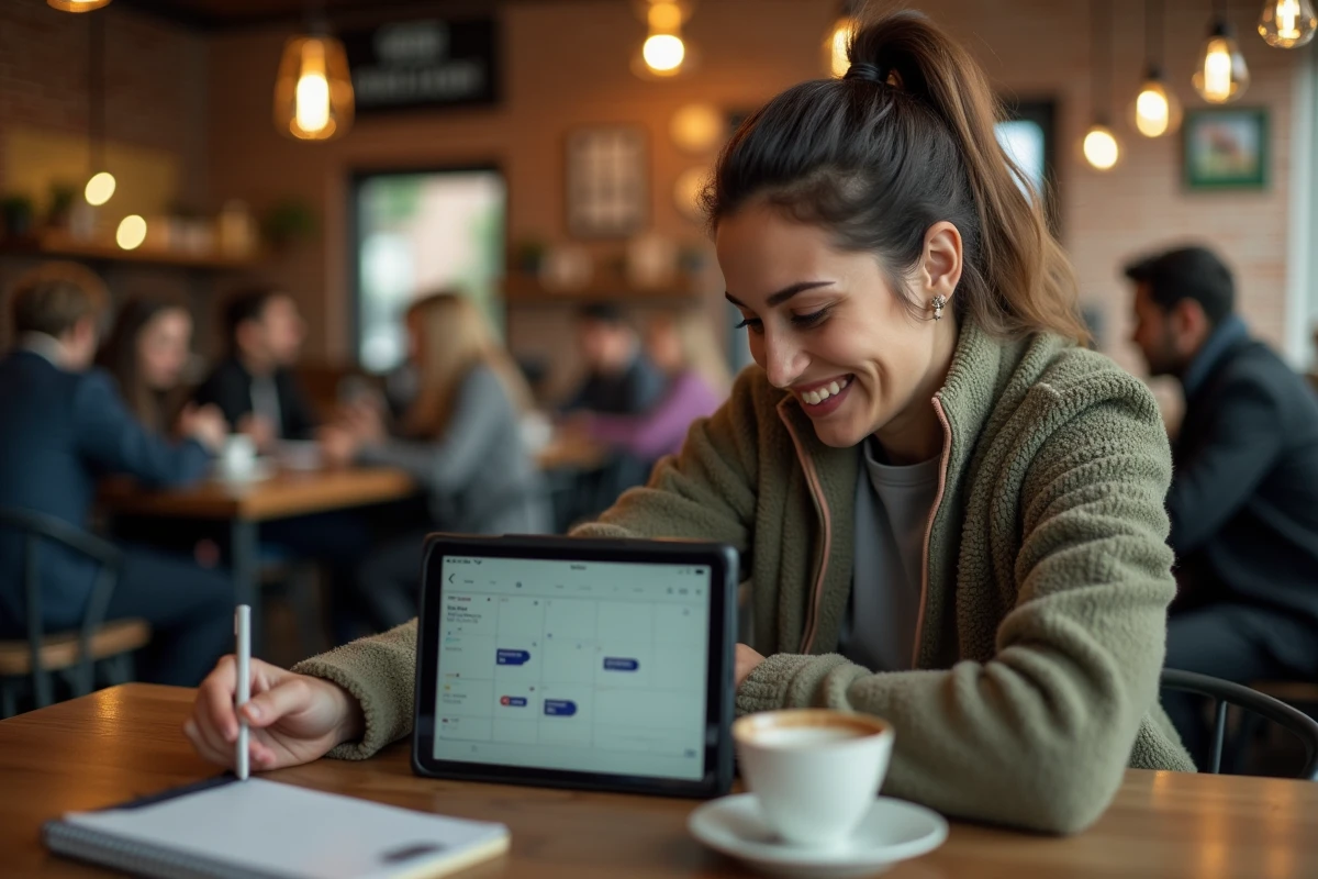 Femme consultant un calendrier de rallyes 2026 sur tablette dans un café urbain