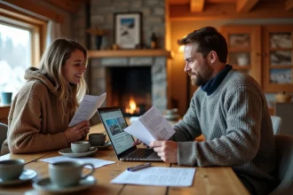 Couple planifiant leur budget vacances au ski dans un chalet en bois avec brochures de forfaits et ordinateur portable
