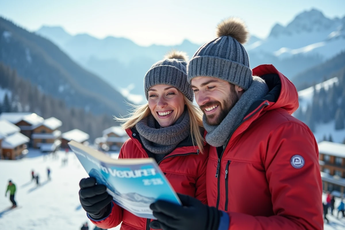Couple souriant en ski dans les Alpes avec brochure