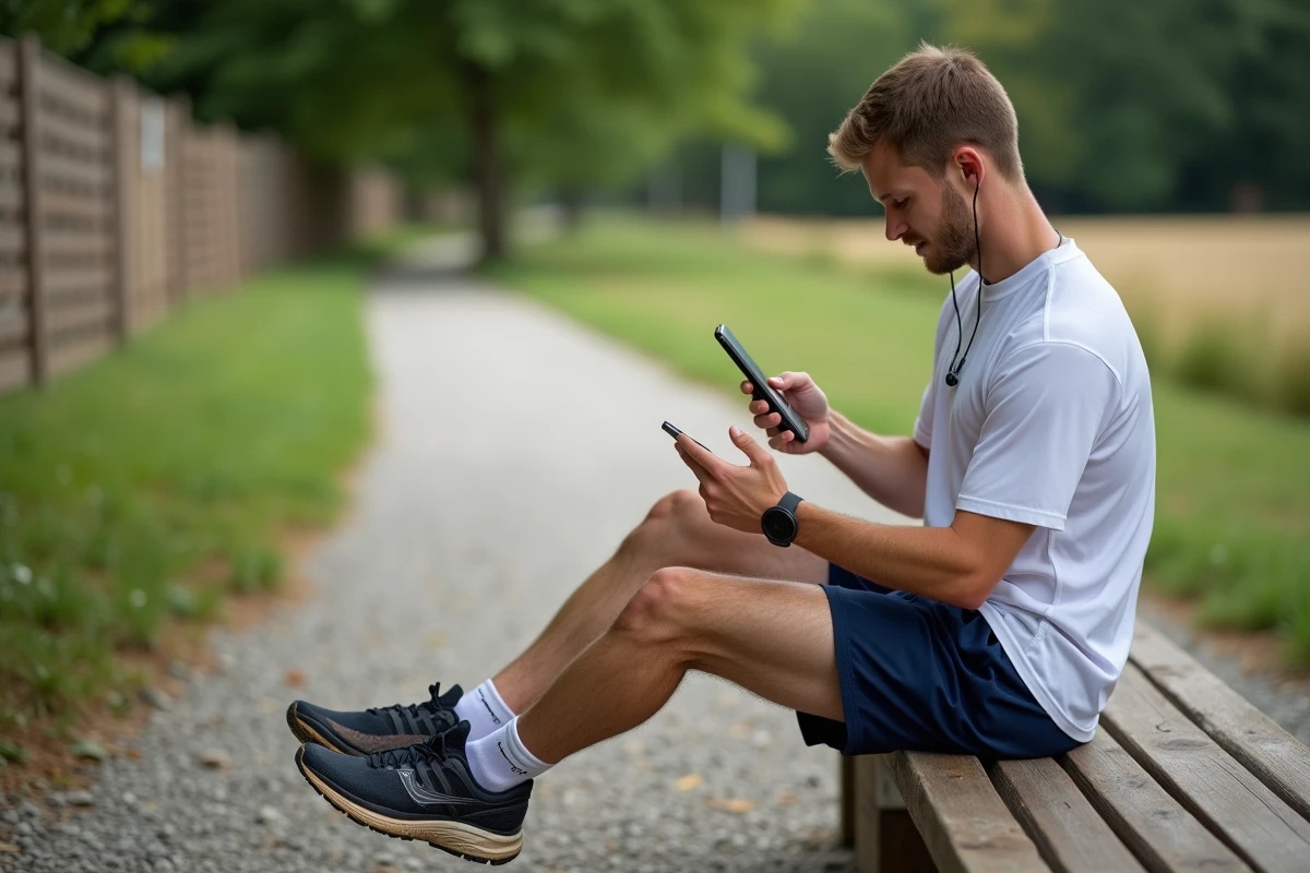 Coureur utilisant une application smartphone pour convertir des minutes par kilomètre en km/h après un entraînement
