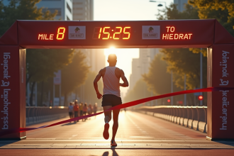 Coureur franchissant la ligne d arrivée lors d une course urbaine